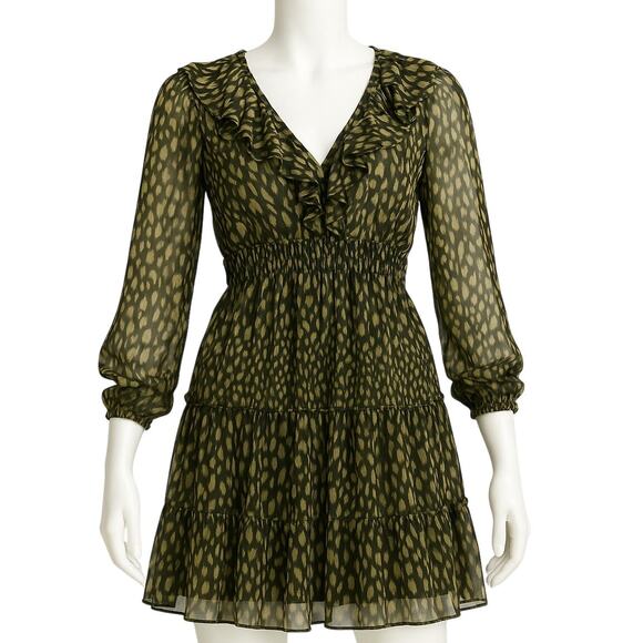 Zara Chiffon Ruffle V-Neck Mini Dress | Black Beige Print | Size Medium - Picture 1 of 4